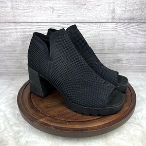 Eileen Fisher Collin Stretch Knit Booties Wedge Peep Toe Black Block Heel Sz 10